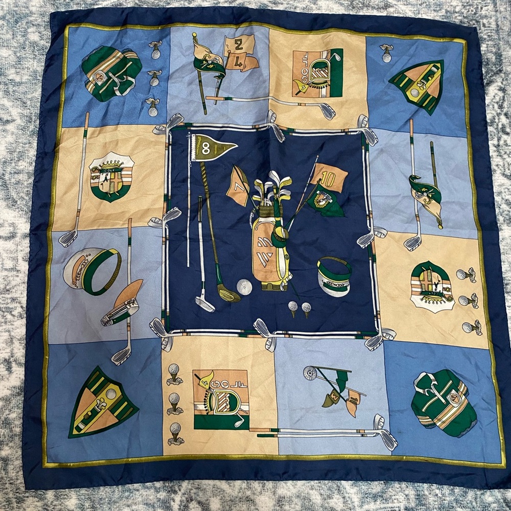 Beautiful & Preppy Silk Golf-Themed Square Scarf in Navy, Green & Beige